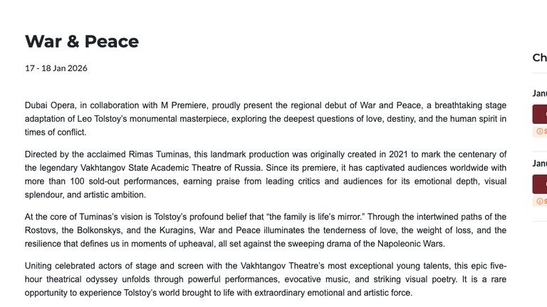 Театр Вахтангова начал гастроли в Дубае, билеты на "Войну и мир" раскуплены